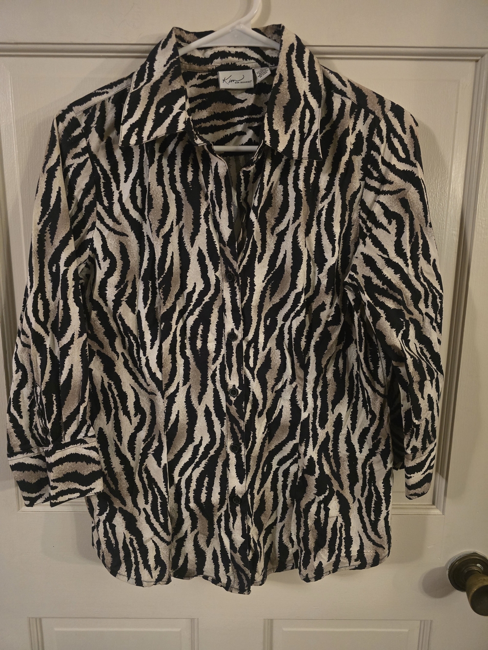 Kim Rogers Black and Cream Zebra-Print Button Down Shirt #333